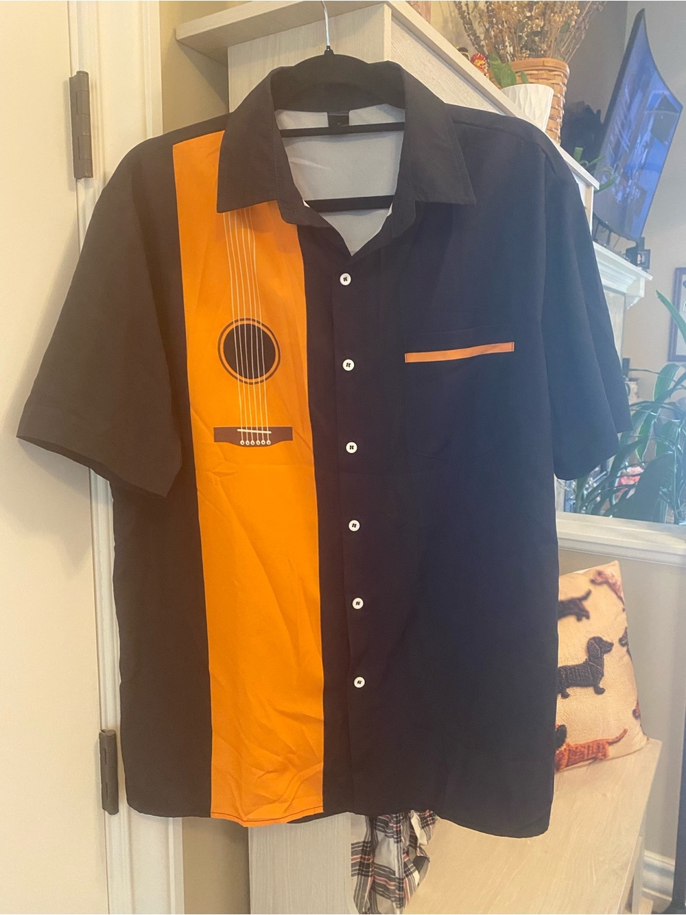 Men's Black and Orange Short-Sleeve Button-Down Shirt with Guitar Graphic
